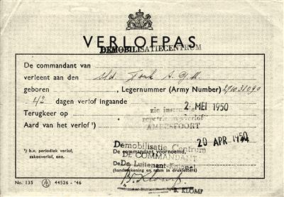 tonk louis verlofpas 2 mei 1950 coll. l.tonk (Custom)