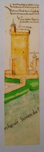 Boekenlegger. Grote Torn uit het legerboek van 1586. Rechts stukje van de Buitenpoort. 20 bij 5 cm. 150x